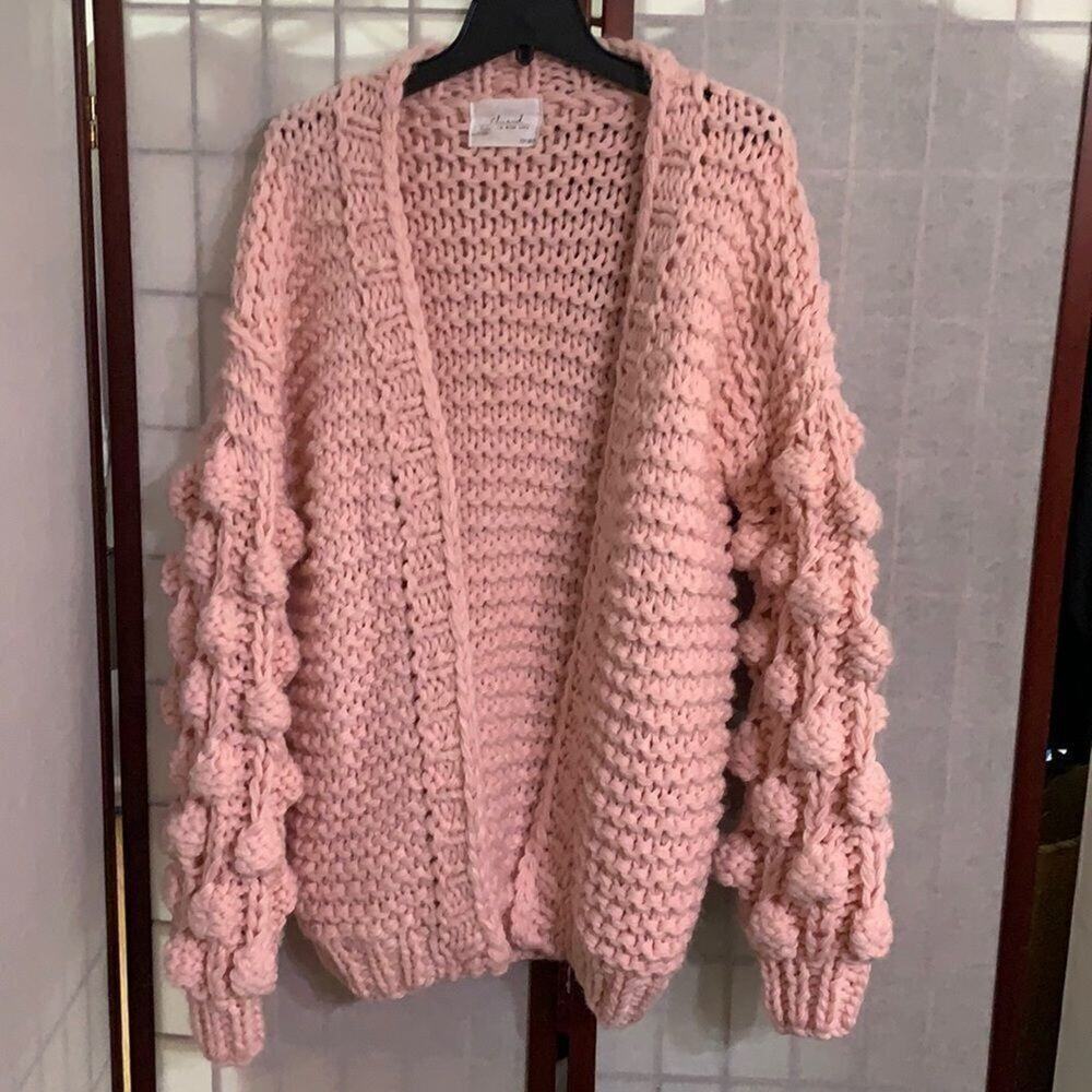 NWT CHIC WISH PINK OPEN CARDIGAN POM POM SWEATER SIZE L
